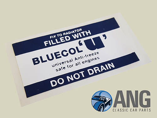 BLUECOL &#39;ANTI-FREEZE&#39; RADIATOR STICKER ; MGB, MGB-GT, MGB-GT V8