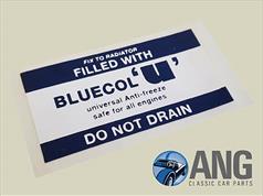 BLUECOL &#39;ANTI-FREEZE&#39; RADIATOR STICKER ; AUSTIN, MORRIS, MG 1100, 1300 ADO16