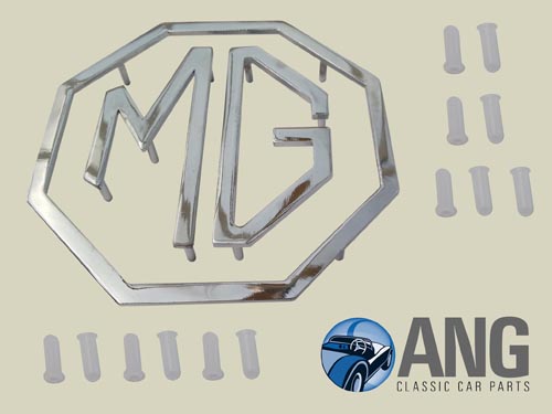 CHROME 'MG' EMBLEM BADGE & CLIPS ; MGA 1500, 1600 & 1600 MkII